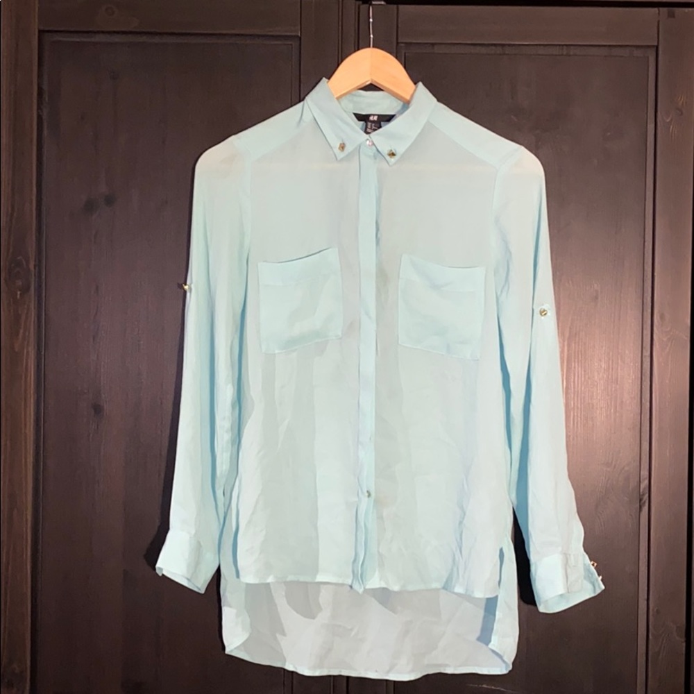 H&M Sheer Mint Button Down Blouse
